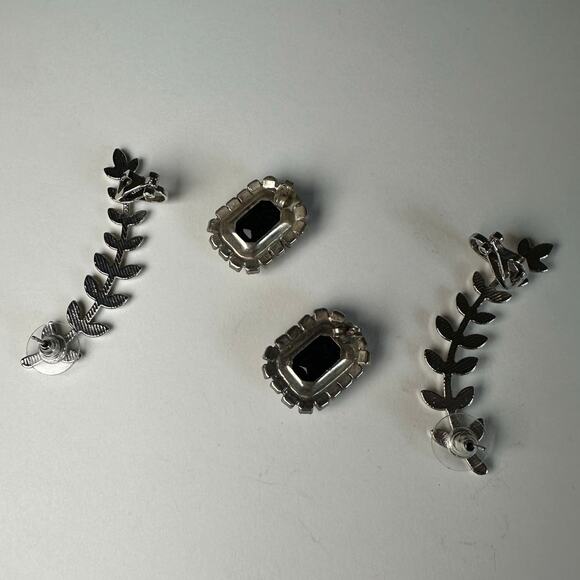 Elegant Black Crystal Rhinestone Earrings Lot Leaf Vine Dangle & Square Studs - Picture 3 of 3